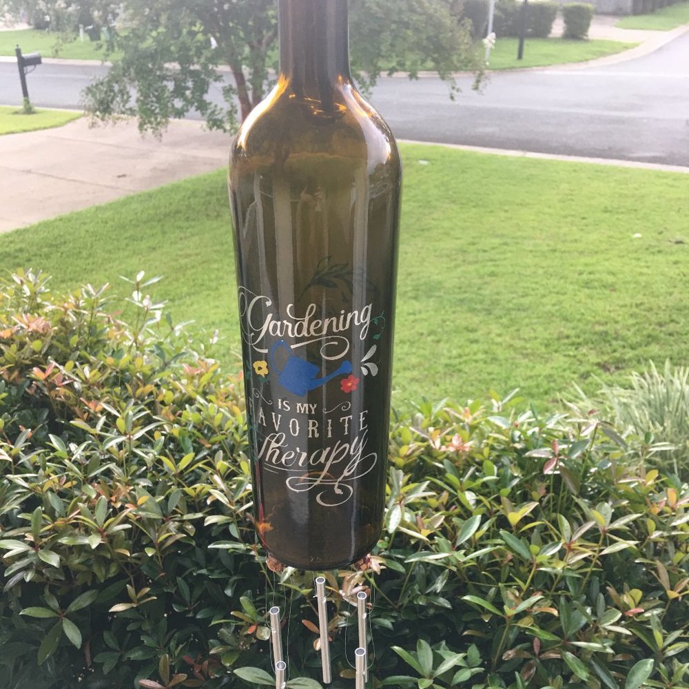 Wind Chime Painted Wine Bottle " Garden Therapy"